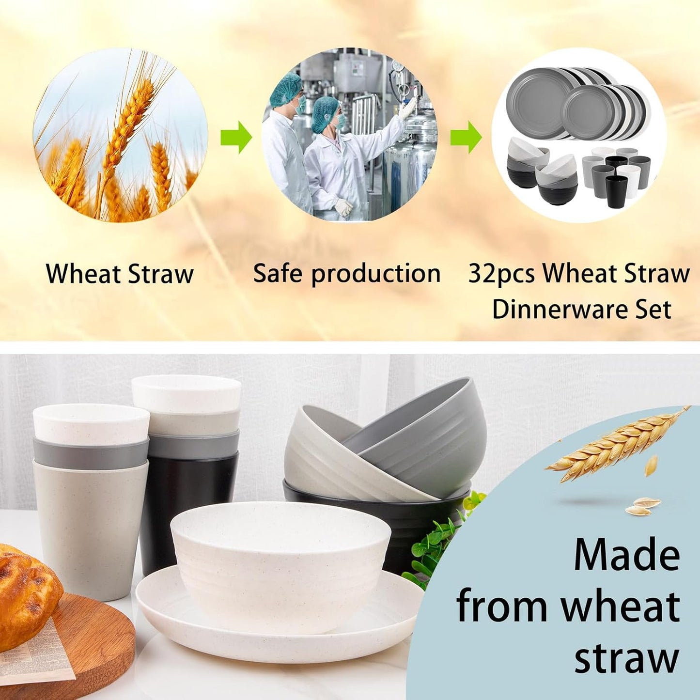 Supernal 32pcs Wheat Straw Dinnerware Sets,Plates and Bowls Sets,Reusable Plastic Plate,Microwave Dishwasher Safe,Plastic Dinnerware Set,Four Color Set 16pcs Plates,8pcs Bowls,8pcs Cups
