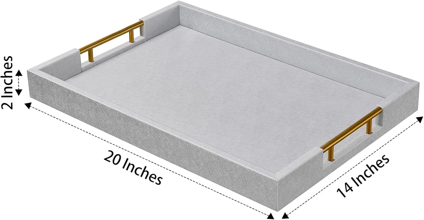 14x20 Inches Silver Faux Leather Wrapped Wood Serving Tray with Metal Handles for Various Occasions, Ottoman, Home Decor Decorative, Living Room, Coffee Table Organizer, Serving Breakfast On Bed