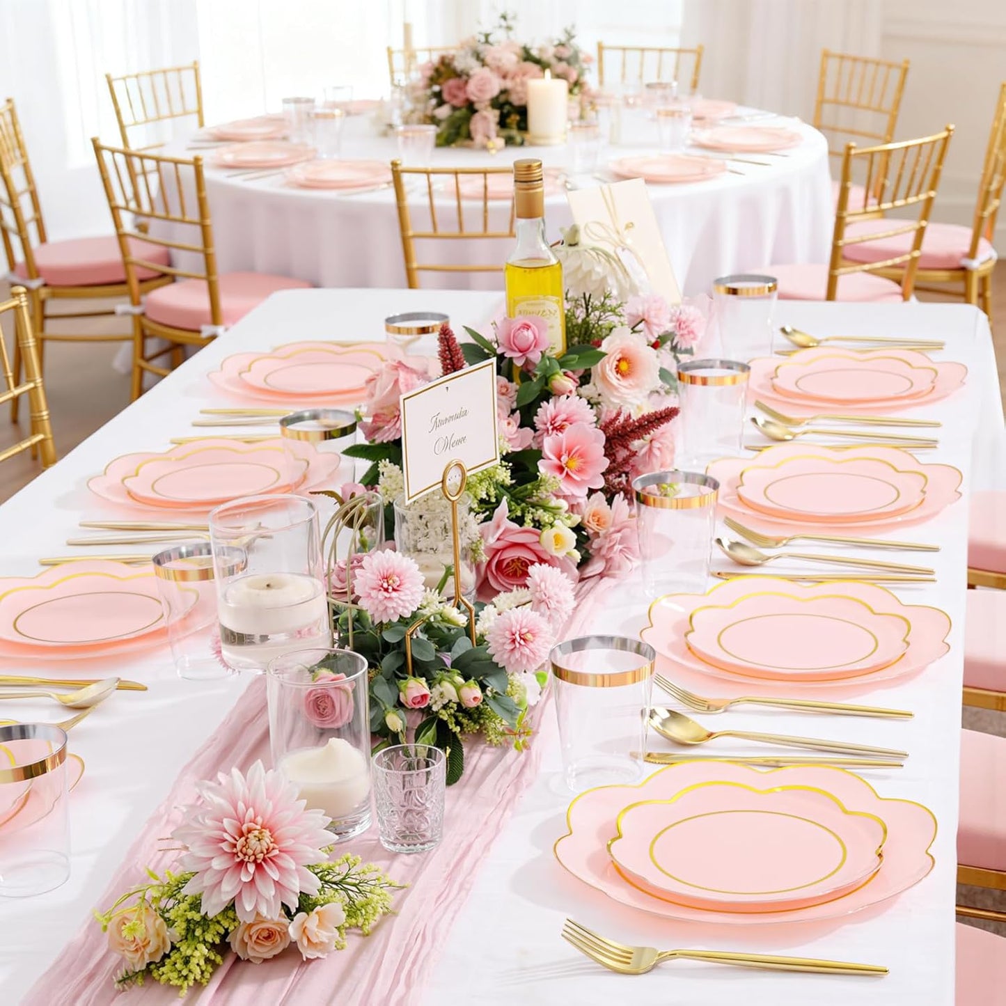 EI 180pcs Pink Plastic Plates with Gold Plastic Silverware,Heavy-Duty Disposable Plates for Party,White Dinnerware Set for 30 Guest Wedding,Birthday