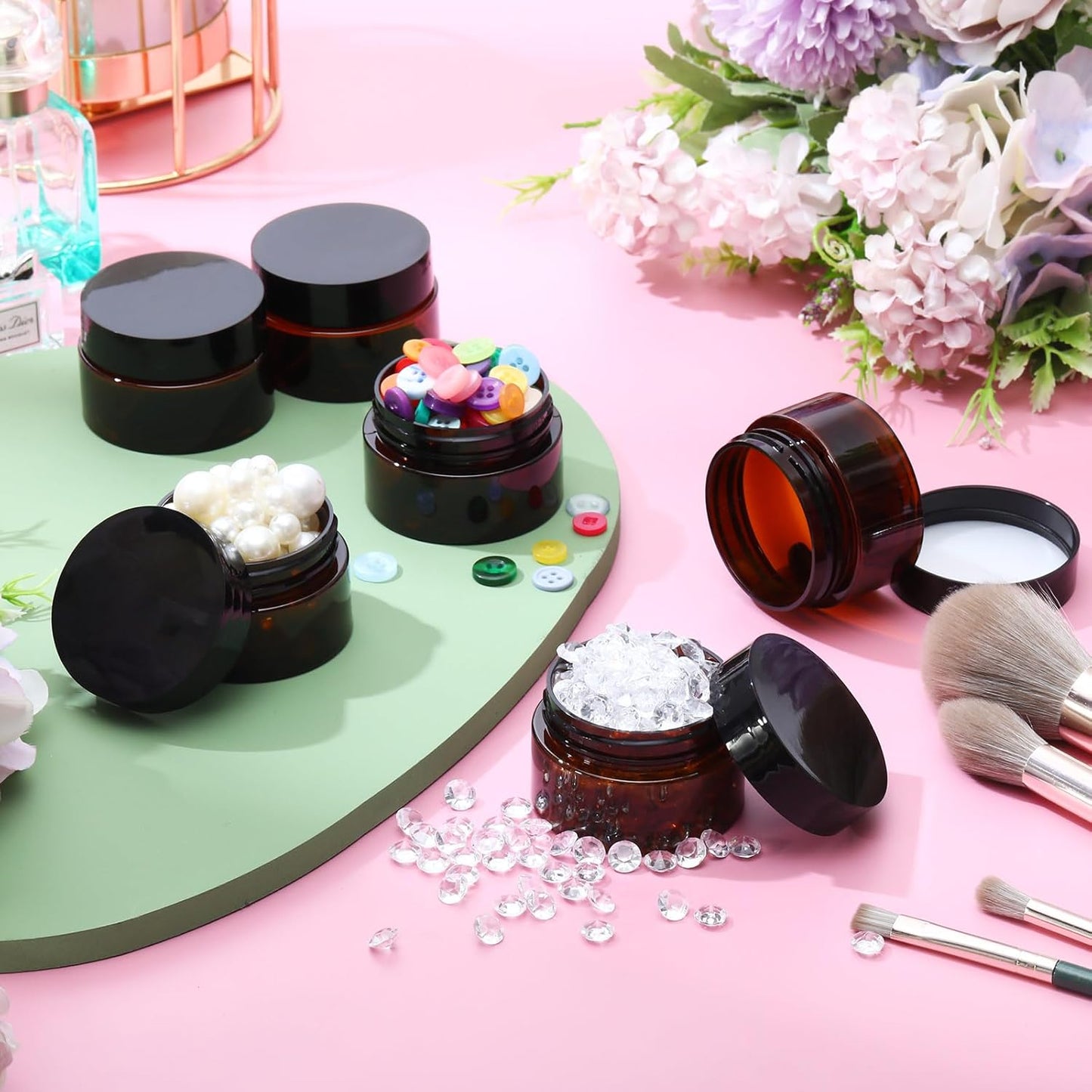 SATINIOR 6 Pack 1 oz Plastic Jars Containers with Lids Wide-mouth Refillable Leakproof Reusable Round Empty Jars for Travel Cosmetic Dry Food Spice Candy Cookie Home Kitchen Organizing(Amber)