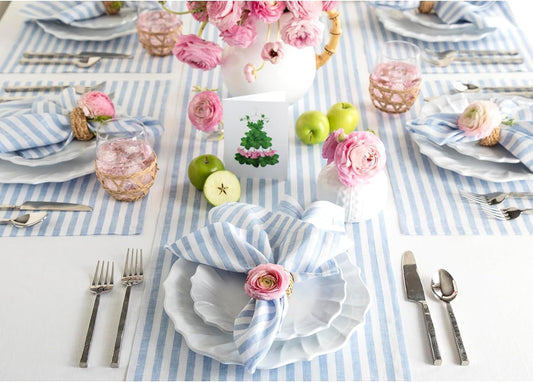 Solino Home Linen Table Runner 90 Inches Long - Amalfi Stripe, 100% Pure Linen Sky Blue and White Table Runner 14 x 90 Inch for Dining, Christmas