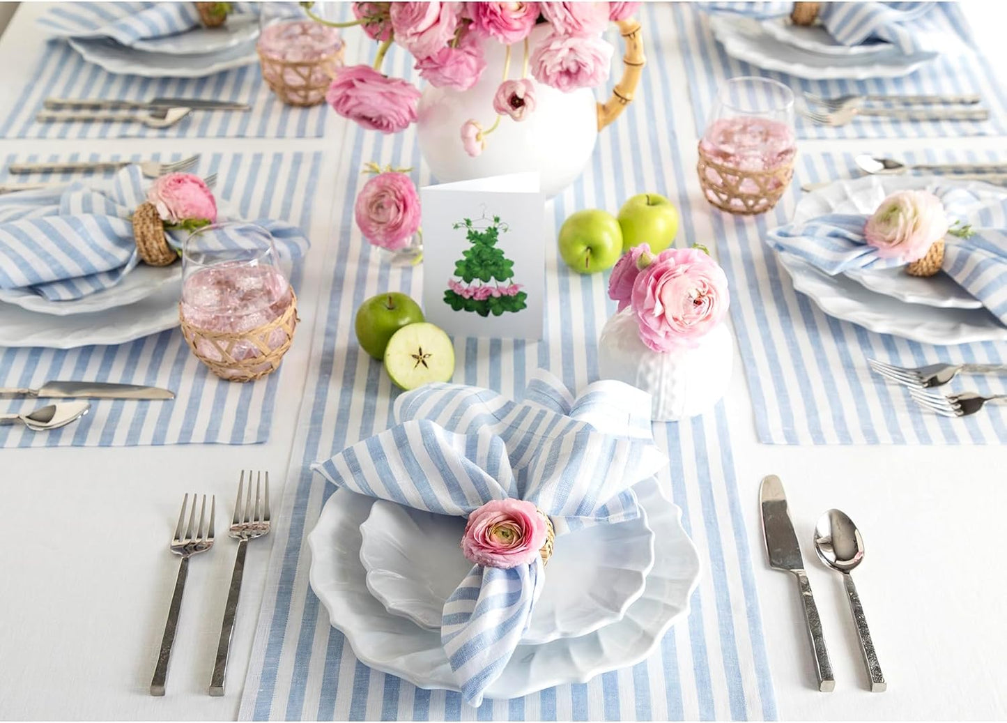 Solino Home Linen Table Runner 48 Inches - Amalfi Stripe 100% Pure Linen Sky Blue and White Table Runner 14 x 48 Inch Ideal for Dresser and Coffee Tables - Christmas, Holiday