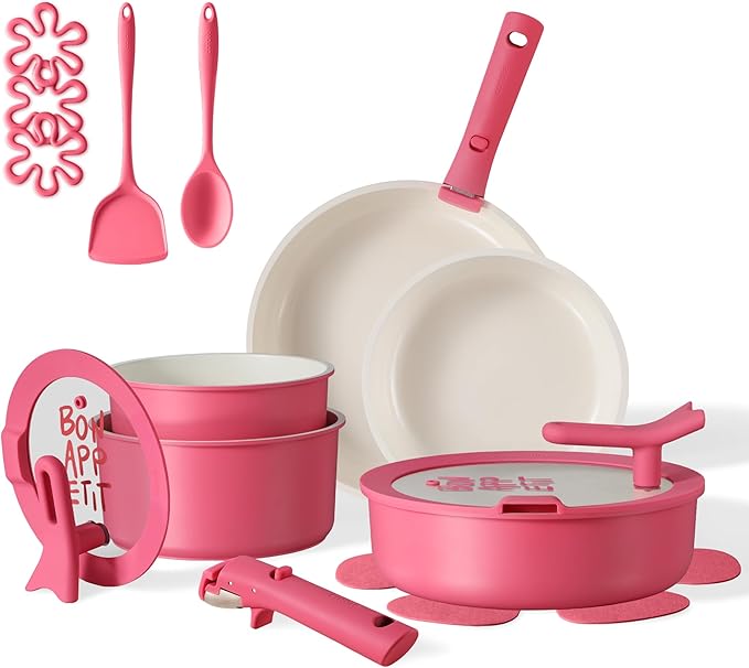 CAROTE 18Pcs Pots and Pans Set Non Stick, Nonstick Ceramic Cookware Set with Detachable Handle, Non Toxic Kitchen Cooking Sets, PFOA Free, Oven Safe, Stackable Induction Ready, Pink