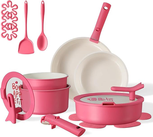 CAROTE 18Pcs Pots and Pans Set Non Stick, Nonstick Ceramic Cookware Set with Detachable Handle, Non Toxic Kitchen Cooking Sets, PFOA Free, Oven Safe, Stackable Induction Ready, Pink