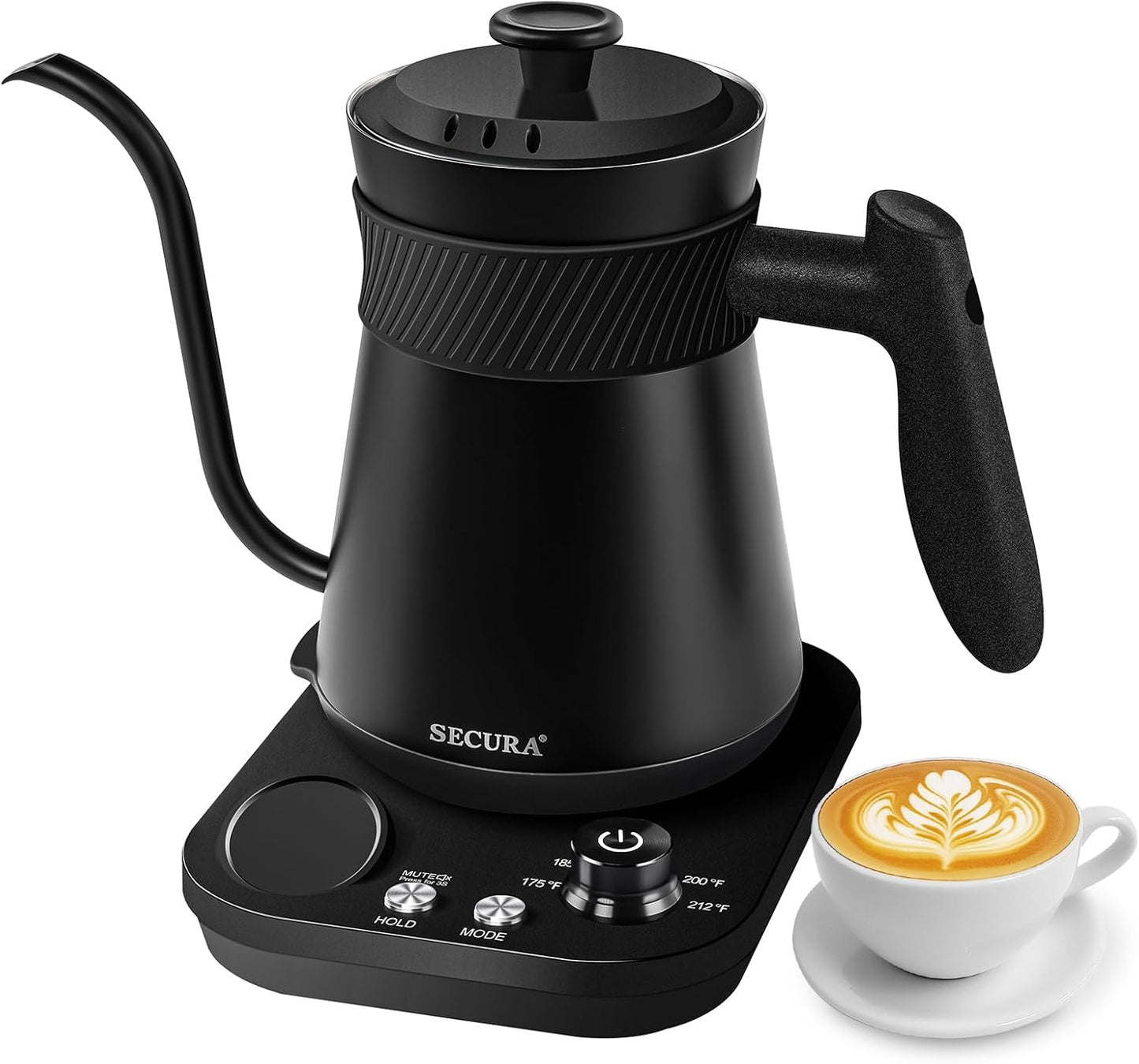 Secura Electric Gooseneck Kettle with 5 Temperature Control Presets, 100% Stainless Steel Inner Tea/Coffee Kettle with 1.5H Keep Warm, 1200 Watt Quick Heating for Coffee Tea Brewing, 0.8L, Matt Black