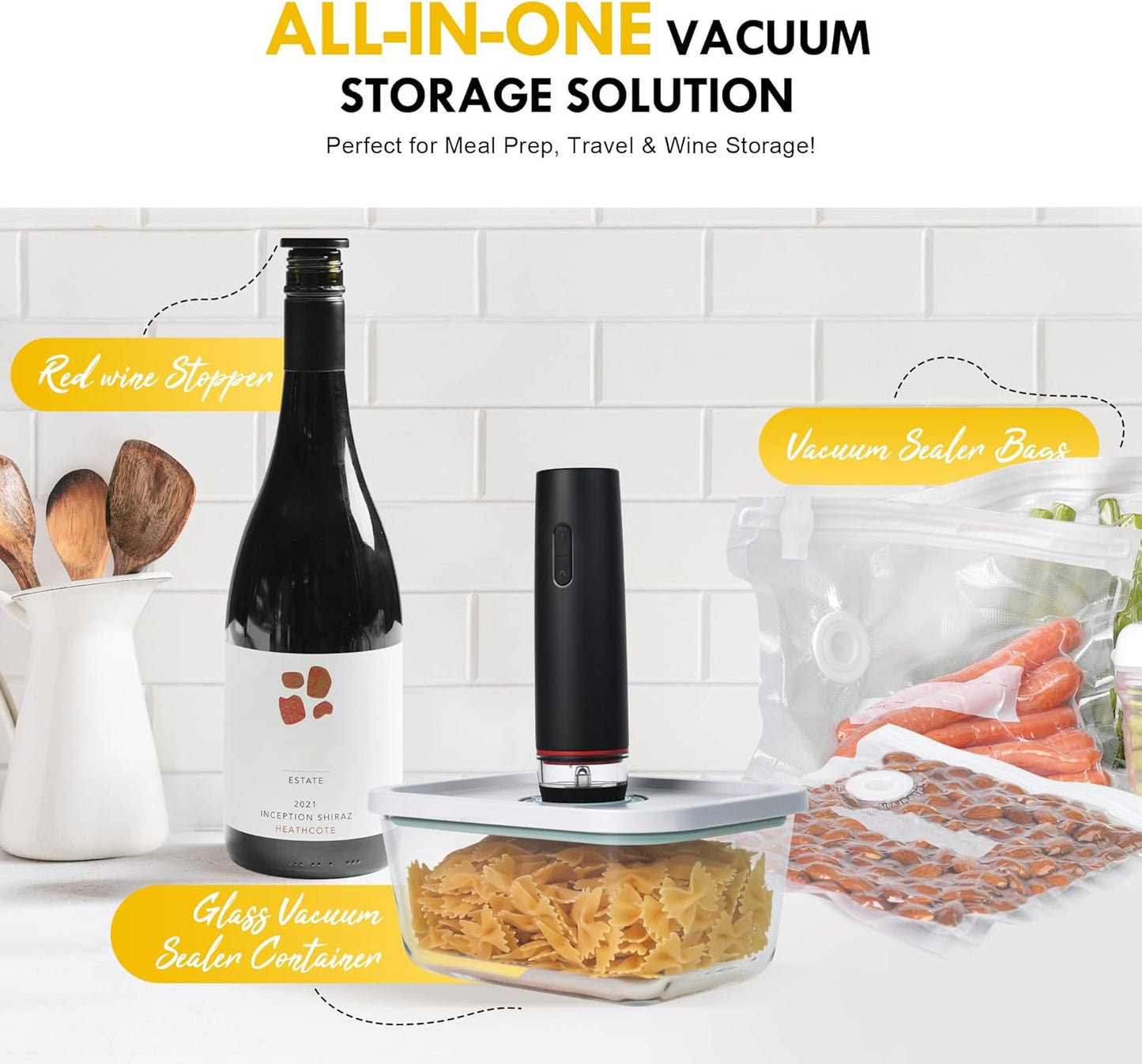 Handheld Vacuum Sealer for Food, One-Touch Operation, Portable Food Vacuum Seal Machine w/Glass Vacuum Seal Container, Reusable Vacuum Bags, Wine Bottle Vacuum Stoppers for Save and Storage