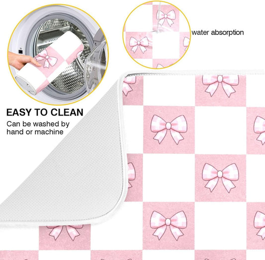 Pink White Bow Checkered Dish Drying Mat for Kitchen Counter Absorbent Dish Drainer Mats Drying Pads 18"x24"