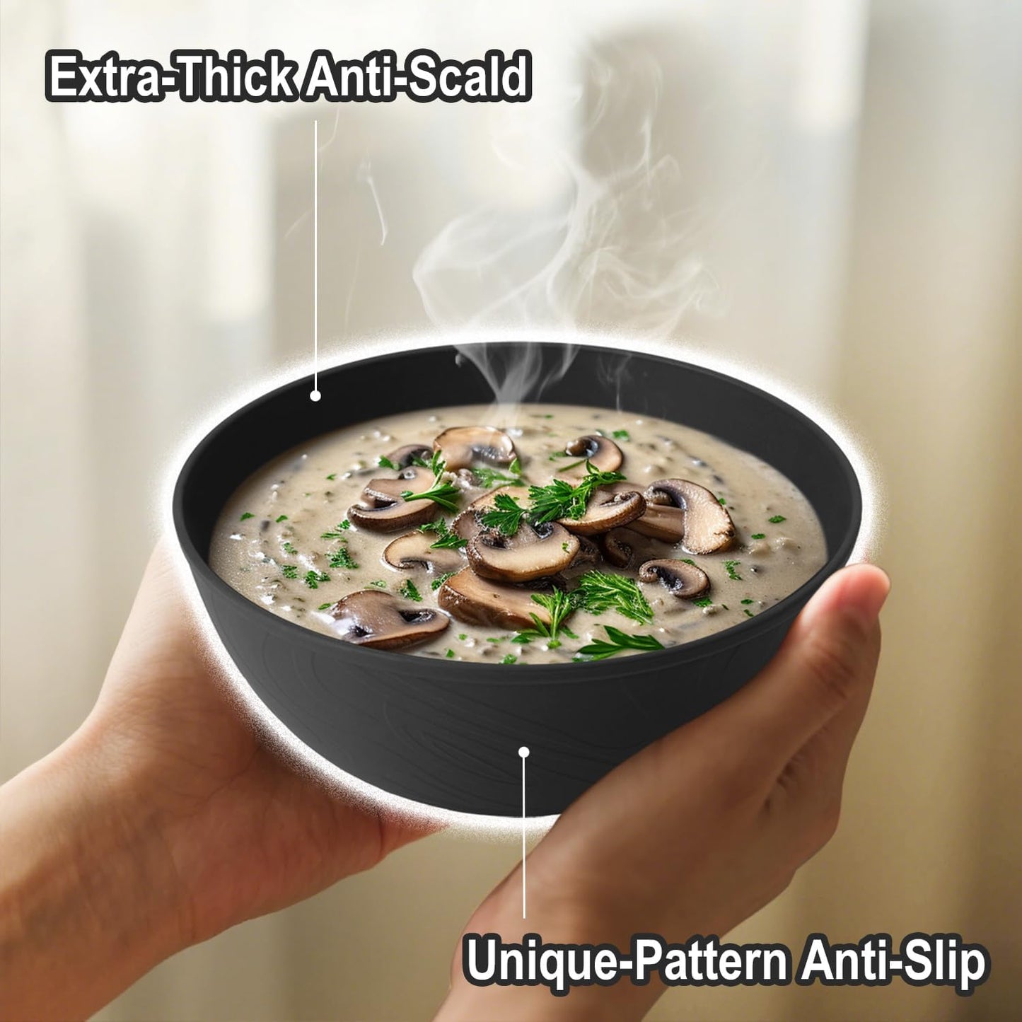 Wrova Black Cereal Bowls 40oz for Cereal Lover,Unbreakable Alternative Plastic Bowls Set of 6,Extra Thick Anti-Scald Bowl Sets suitable for Salad,Soup and Fruit.