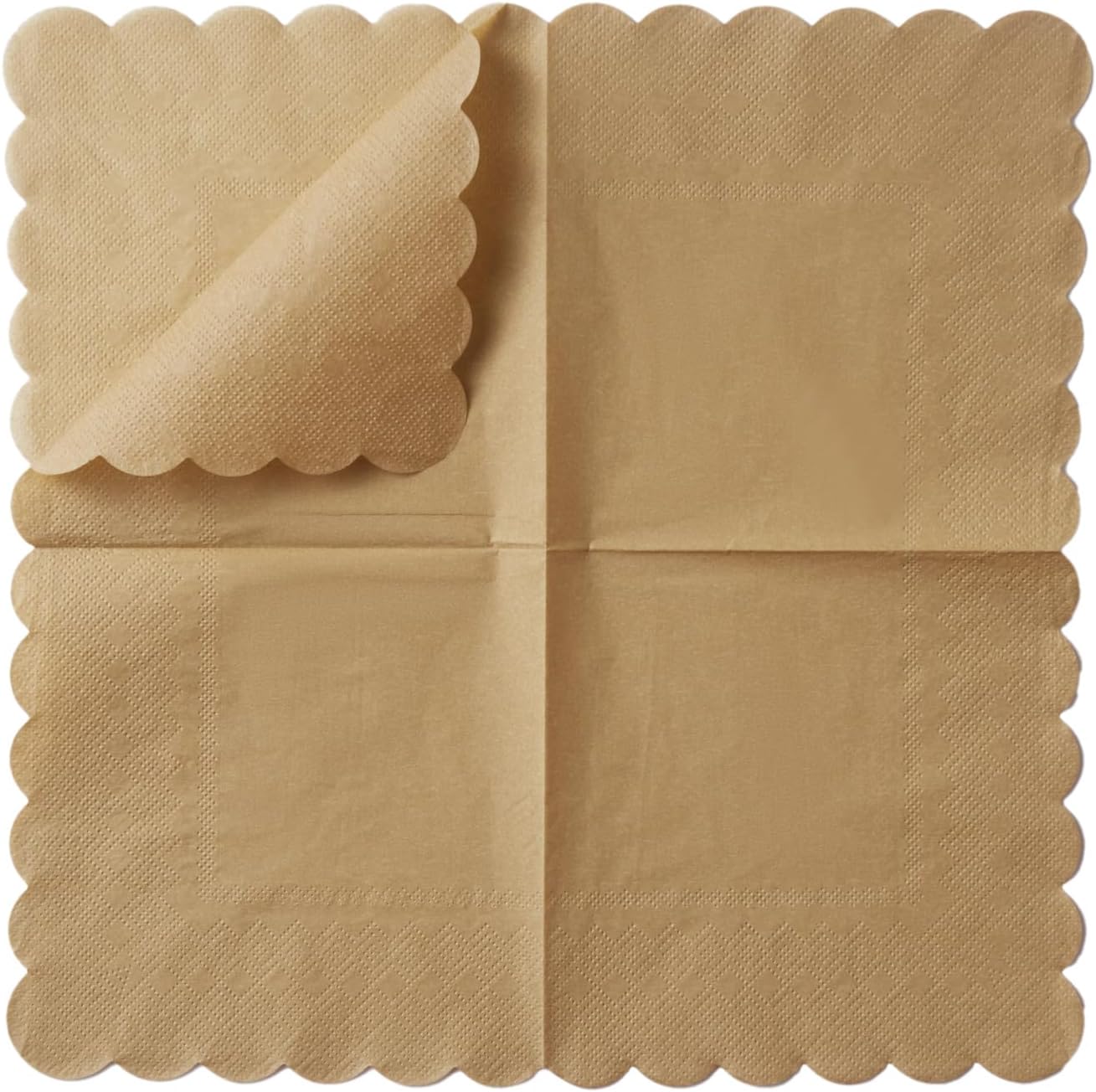 100 Pack Cocktail Napkin 2-Ply Scalloped Edged Dessert Napkins Folded 5 x 5 Inches Disposable Napkins for Dinner Wedding Birthday Party Bridal Anniversary Reception Event (Brown)