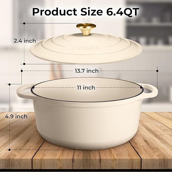 Zulay Kitchen 6 Quart Enameled Cast Iron Dutch Oven Pot with Lid – Premium Durability & Oven Safe up to 500°F – Heavy Duty Cookware Perfect for Bread Baking, Stews, Braising & Roasting – Ivory