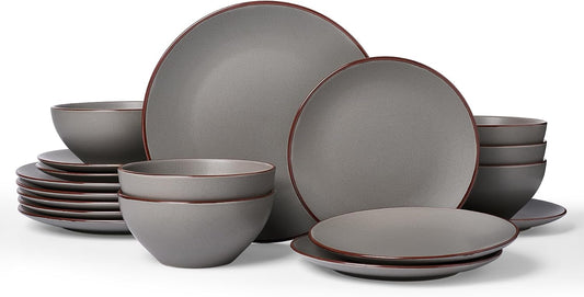 Famiware Venus Plates and Bowls Sets, 18 Pieces Stoneware Dinnerware Sets, Speckled Dishes Set for 6, Microwave and Dishwasher Safe, Matte Dark Grey