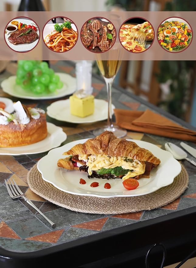 OMAYKEY Ceramic Dinner Plates Set of 8, 10.5 Inch Porcelain Salad Dessert Round Lotus Plates, Microwave, Oven and Dishwasher Safe, Kitchen Serving Dishes Plates for Lunch, Party, Wedding, Restaurant