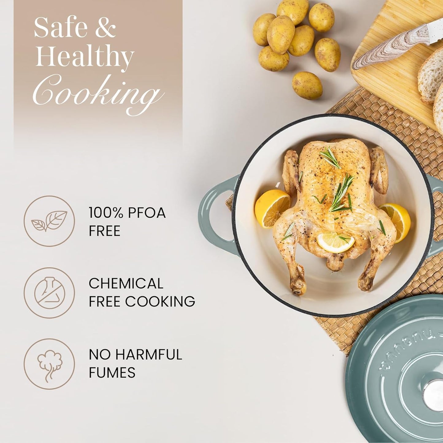 Nuovva Enamelled Cast Iron Dutch Oven Pot with Lid 6.4 Quart Non Stick Casserole Pot – Heavy Duty & Oven Safe up to 500° F for Bread Baking, Braising, Stews, Roasting – 28cm Sea Salt