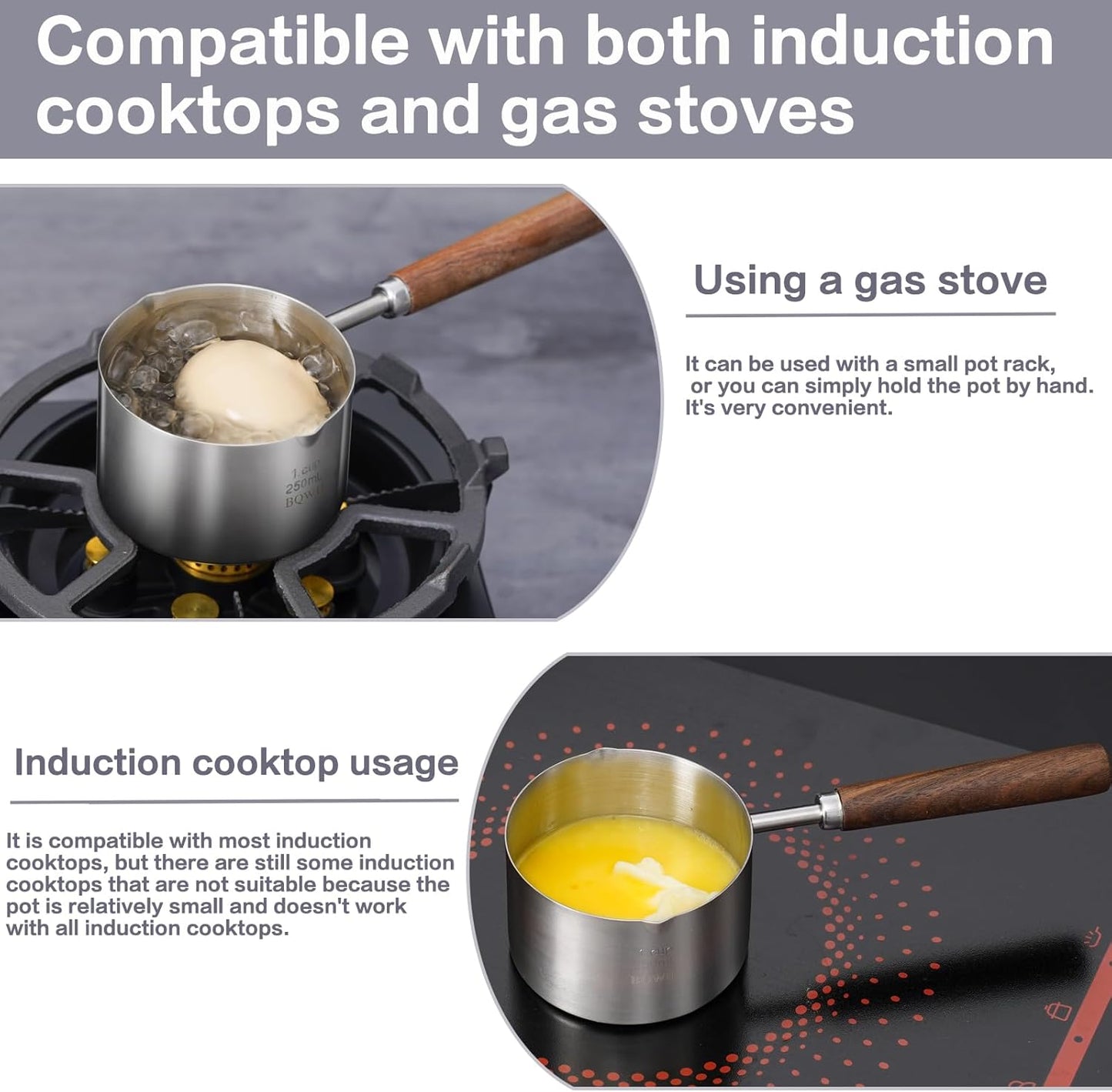 stainless steel mini pot - butter warmer, 8.5fl oz (250ml) coffee/milk warmer, mini sauce pan for coffee, ideal for seafood butter warmers,melting pot With dual spouts and wooden handle