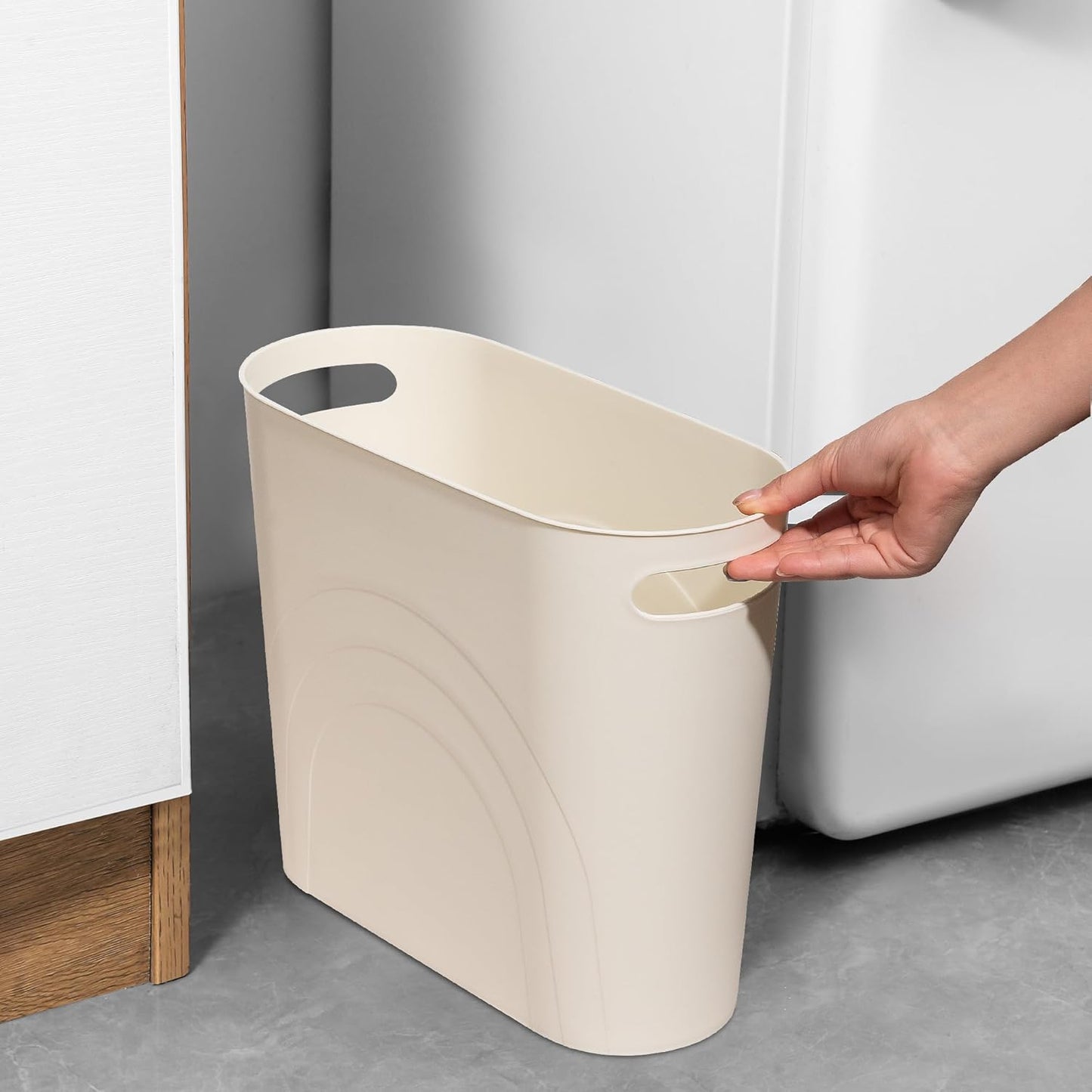 rejomiik Small Trash Can, 3.5 Gallon Slim Garbage Can Plastic Waste Basket with Handles Container Bin for Narrow Spaces Bathroom, Bedroom, Kitchen, Office at Home, 2 Pack Cream