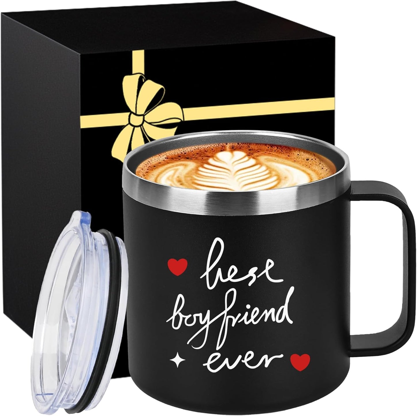 MNZZ 14 Oz Insulated Coffee Mug with Lid Handle Stainless Steel Spill Leak Proof Heavy Large Reusable Thermal Gift Him Wedding Tea Cup Day Valentines Camping Big Water Tumbler