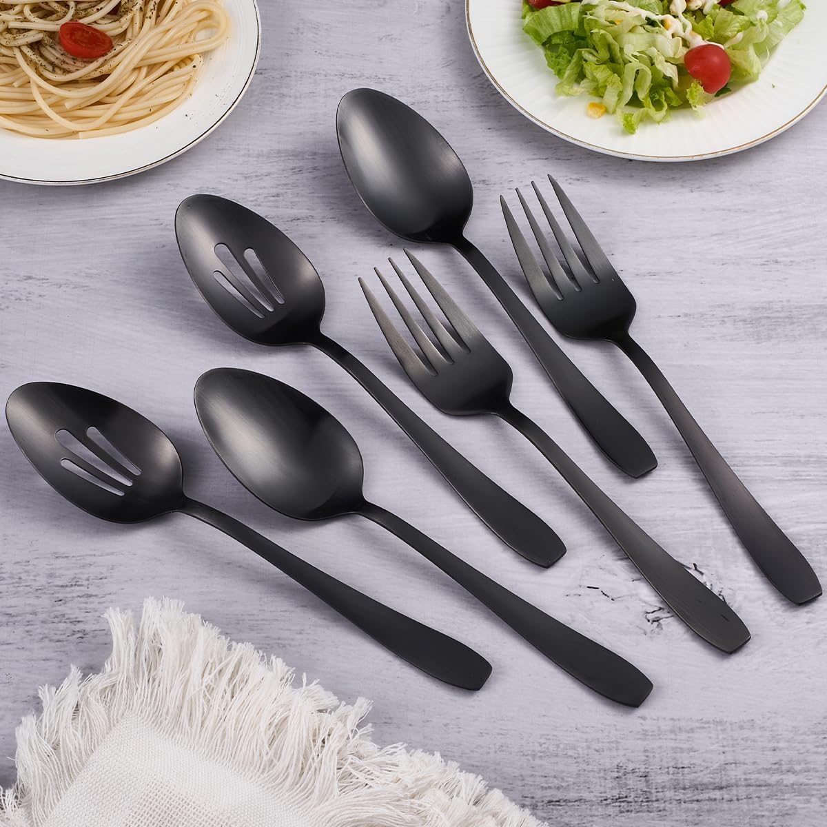 6 Pieces Large Black Serving Utensils, Stainless Steel Catering Buffet Serving Set Hostess Set, Serving Spoon x 2, Slotted Serving Spoon x 2 and Serving Forks x 2 for Party Banquet Cooking