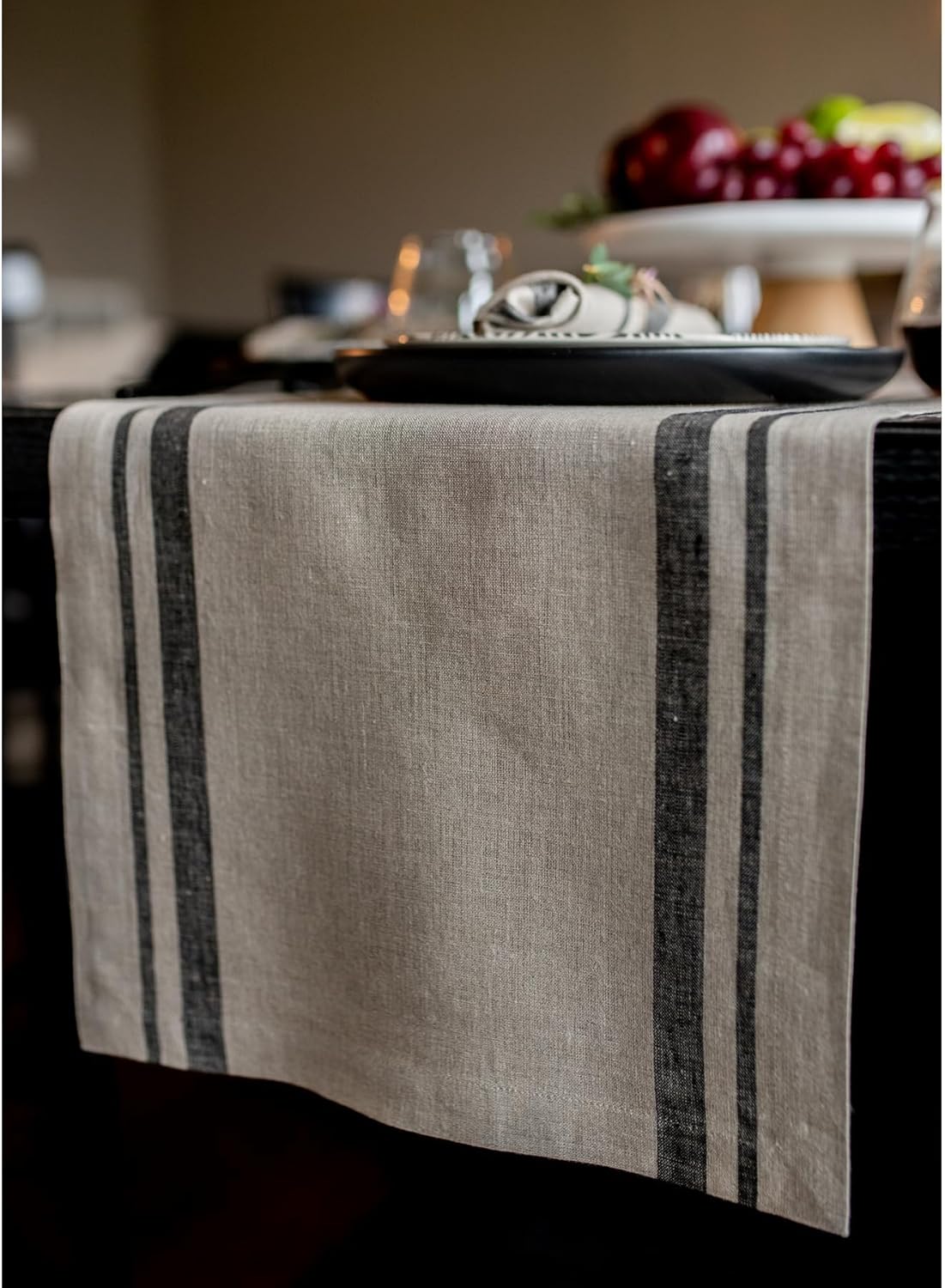 Solino Home Linen Table Runner 90 Inches Long - French Stripe, 100% Pure Linen Black and Natural Farmhouse Table Runner 14 x 90 Inch Ideal for Dining, Fall, Autumn, Halloween, Thanksgiving, Holiday