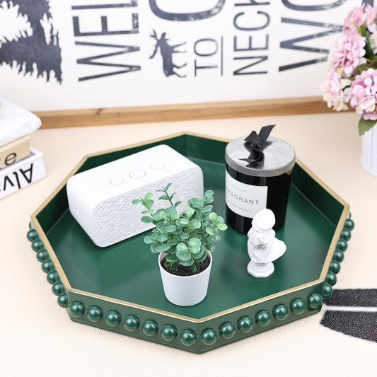 Green Serving Tray for Coffee Table, Octagonal Beaded Plastic Decorative Tray for Ottoman, Kitchen Counter, Living Room, Outdoor Lacquer Tray for Entertaining