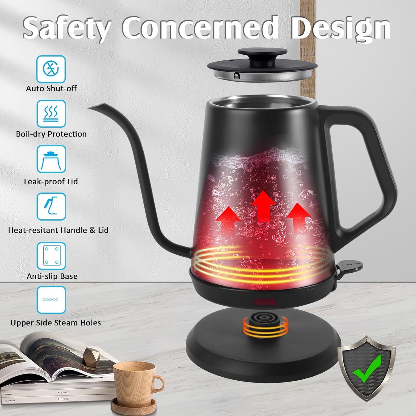 1L Electric Gooseneck Kettle, Tea Kettle for Boiling Water, Gooseneck Electric Kettle for Coffee & Tea, Fast Boiling for Pour Over, Auto Shut-Off, Boil-Dry Protection, 360° Rotational Base
