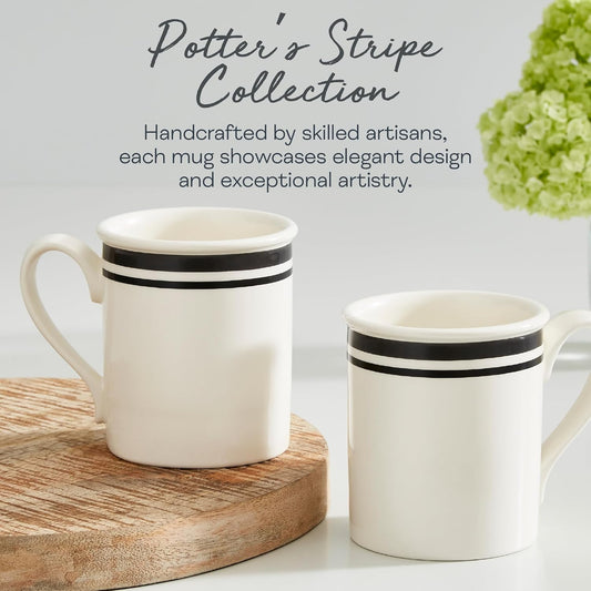 Portmeirion Potter's Stripe Breakfast Mug (Set of 4) - 9oz White Ceramic Mugs with Black Stripe Pattern - Microwave, Dishwasher, Freezer Safe Earthenware Mugs for Tea & Coffee Lovers (Black)