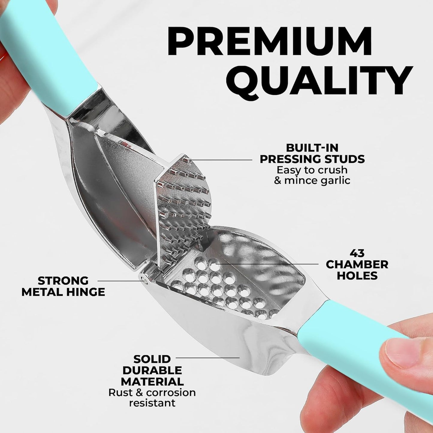 Zulay Kitchen Comfort Grip Garlic Press - Garlic Mincer Tool - Garlic Crusher - Garlic Press Mincer Rust Proof, with Soft Ergonomic Handle, Easy Clean Set with Peeler and Brush - Light Blue