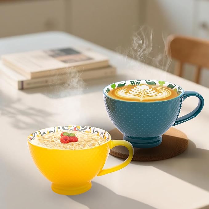 Topadorn Ceramic Coffee Mugs with Handle Set of 2, Hand-Painted Floral Pattern Ceramic Soup Mugs for Salad, Cappuccino, Cereal, Milk, Latte, Tea, Cocoa, Breakfast Oatmeal Cups(Green & Yellow)