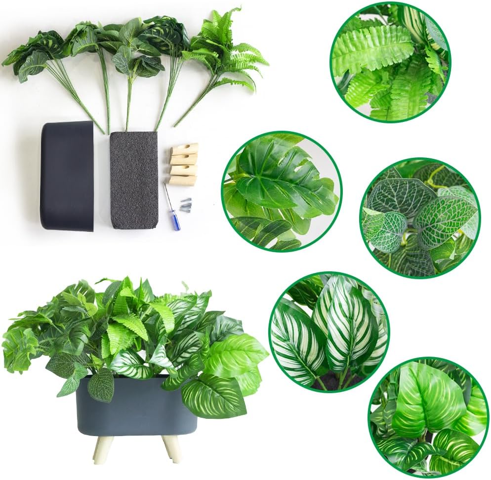 Artificial Green Grass Plants in Rectangular Planter Boxes, Faux Greenery in Decorative Crate Style for Office Table Wedding Kitchen Windowsill Shelf Decor