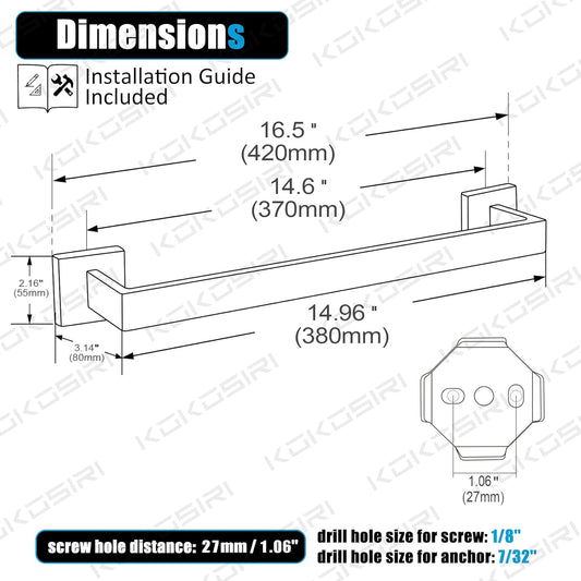 KOKOSIRI 16-Inch Single Towel Bar, Bathroom Kitchen Towel Holder, Wall Mounted SUS304 Stainless Steel Towel Rack, Matte Black, B4003BK-L16