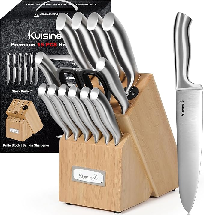 Kuisine Premium Sharp Knife Set Carbon Steel Forged,Ergonomic Handle Knife Block Set,Kitchen Block Knife Set,Chef Knife Set Built-in Sharpener(Silver Pro, 15PCS)