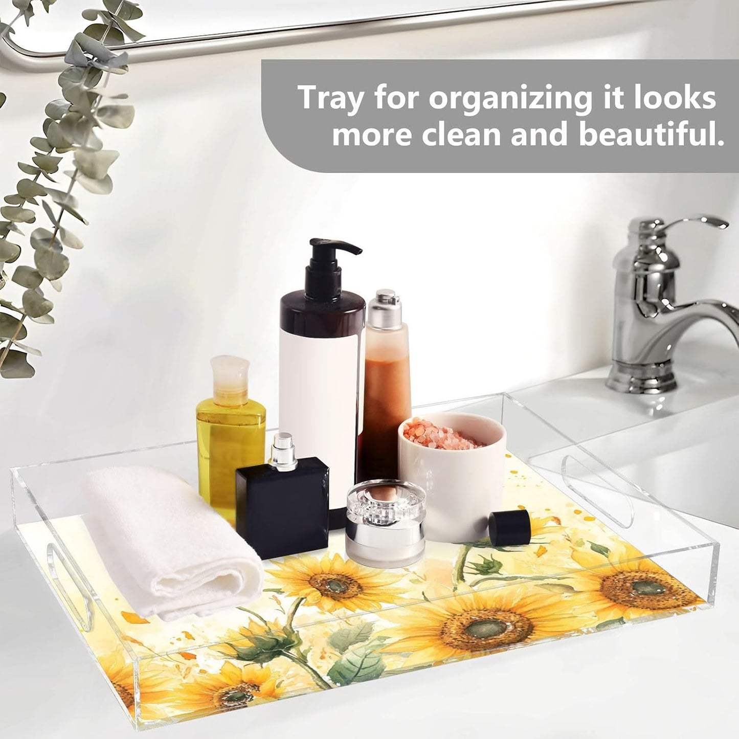 Acrylic Serving Tray with Handles Spill Proof Kitchen Storage Tray Clear Decorative Tray Makeup Drawer Organizer Storage Tray for Bathroom Living Room Ottoman 15.7x11.8Inches