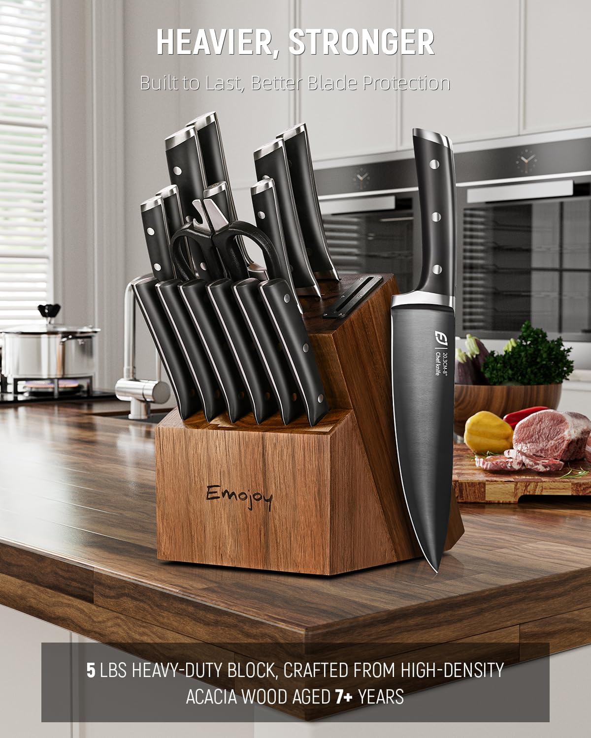 Knife Set, Emojoy 17-Piece Kitchen Knife Set with Heavy-Duty Acacia Block, Premium Titanium Stainless Steel Knife Block Set with Built-in Sharpener, Rust Proof