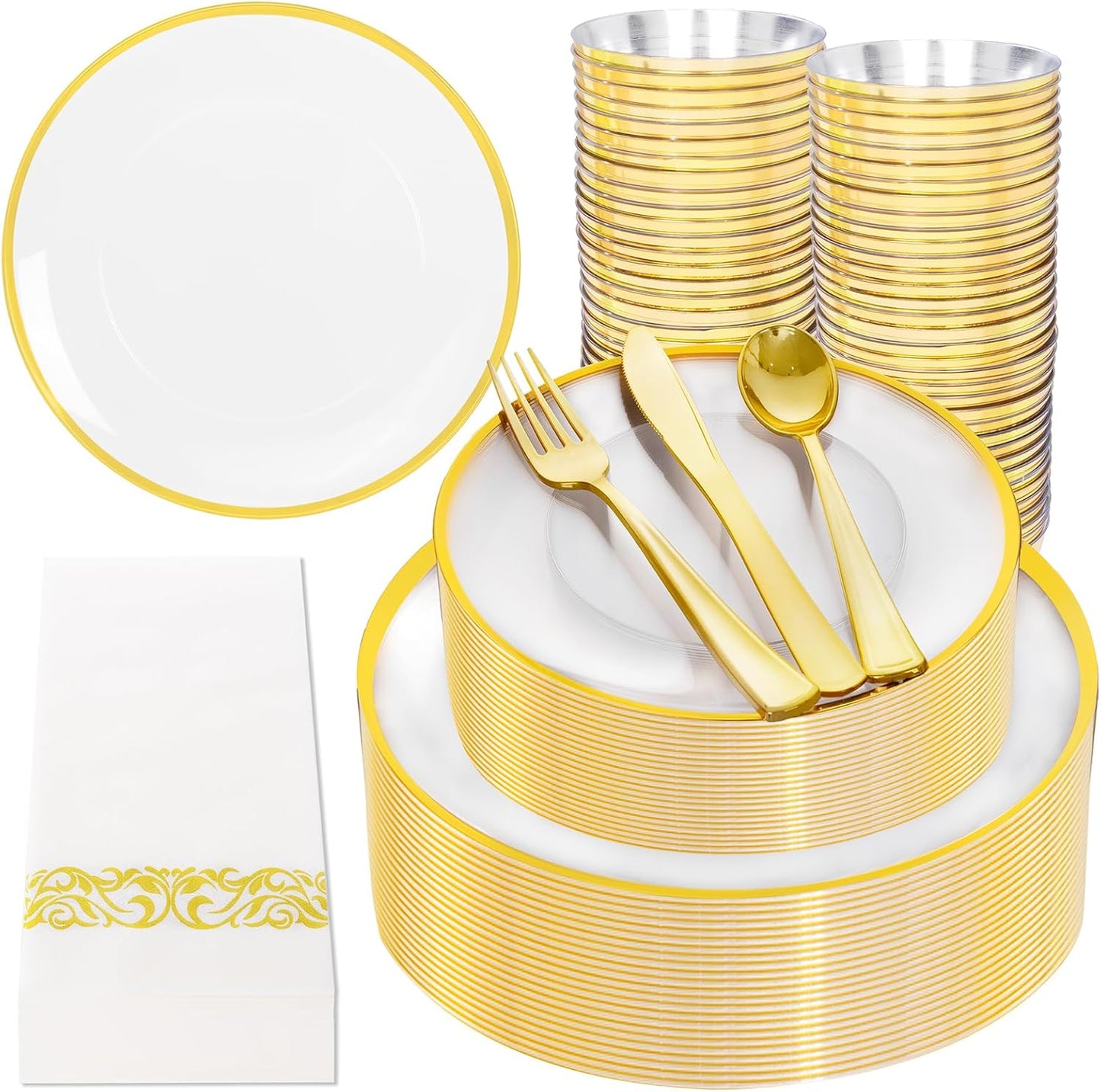 NOCCUR 350PCS Clear and Gold Plastic Plates - Gold Disposable Plastic Dinnerware Set for 50 Guests Include 100 Plastic Plates, 150 Gold Cutlery, 50 Cups&50 Napkins Idea for Wedding/Party/Thanksgiving