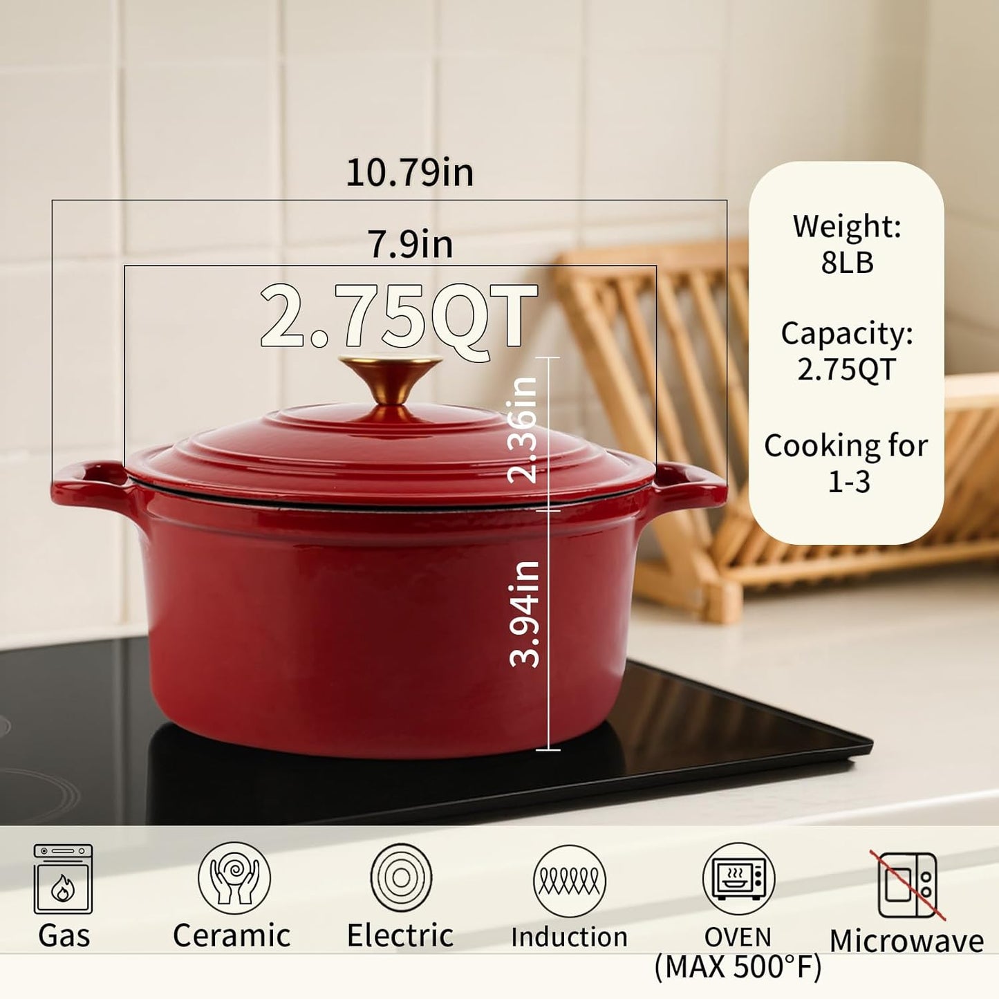 Enamel Cast Iron Dutch Oven with Lid,2.75QT Round Casserole Pot for Bread Baking, Braising,Roasting, Stews and Soups,Multipurpose Cookware,Oven Safe and Induction Compatible (2.75QT,Red)