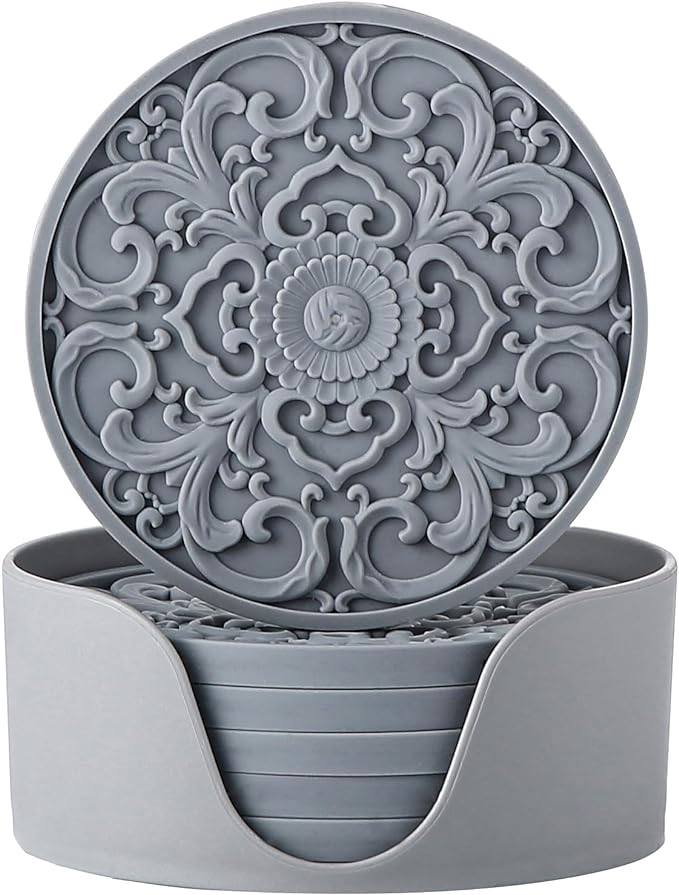 Colinda Silicone Coasters - Set of 6 with Holder, Non-Slip Cup Mats for Hot and Cold Drinks, Decorative Designs, Gift Ready Packaging, Cool Grey