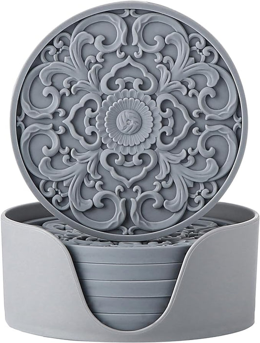 Colinda Silicone Coasters - Set of 6 with Holder, Non-Slip Cup Mats for Hot and Cold Drinks, Decorative Designs, Gift Ready Packaging, Cool Grey