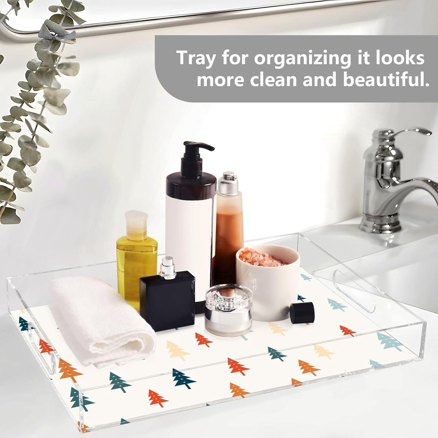 Acrylic Serving Tray with Handles Spill Proof Kitchen Storage Tray Clear Decorative Tray Makeup Drawer Organizer Storage Tray for Bathroom Living Room Ottoman 15.7x11.8Inches