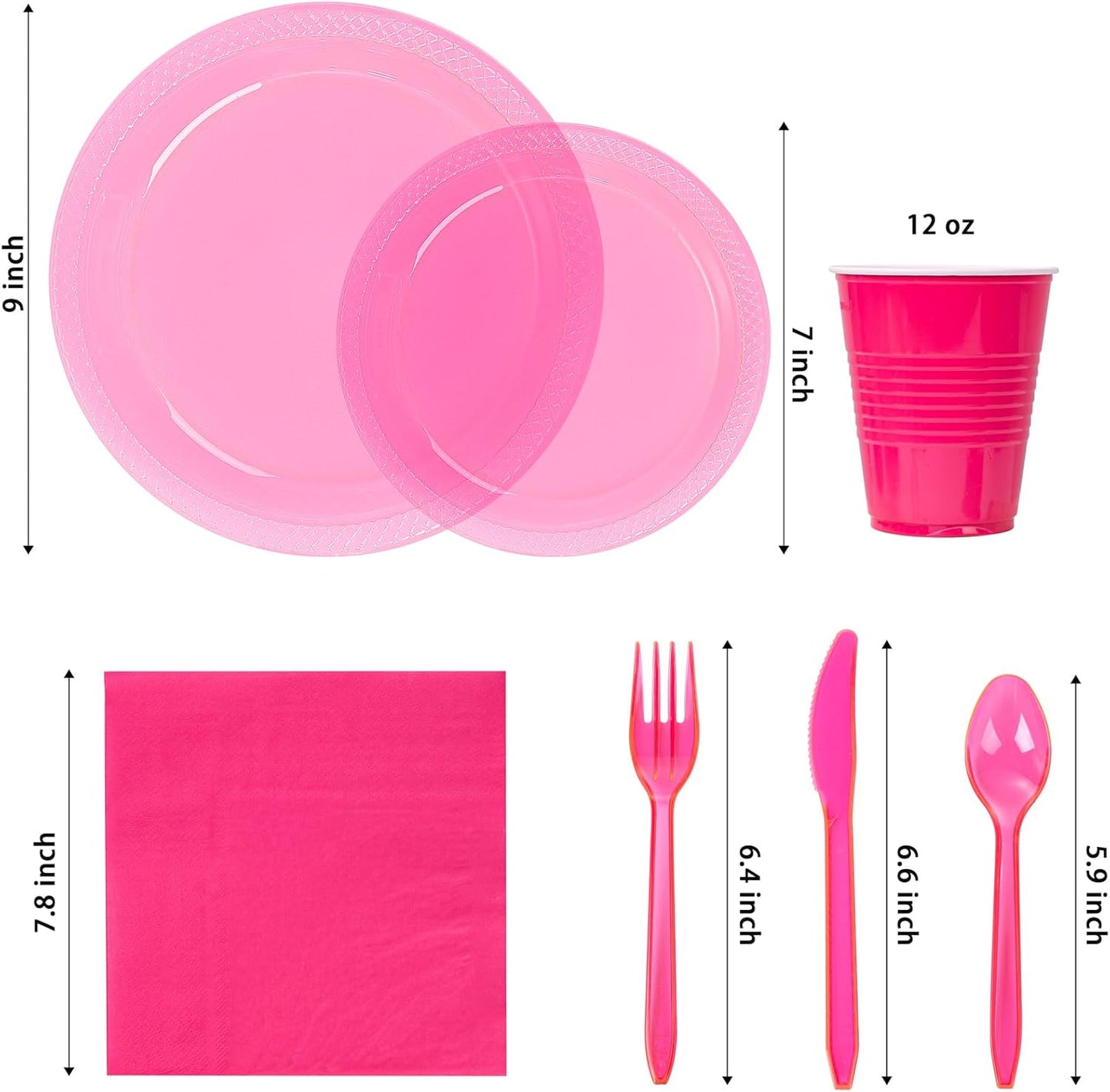 WELLIFE 210Pcs Hot Pink Plates,Clear Hot Pink Plastic Dinnerware Set,Party Supplies Including Clear Plates, 12OZ Cups, Plastic Cutlery and Paper Napkins Serve 30 Guests, Disposable Plates for Party