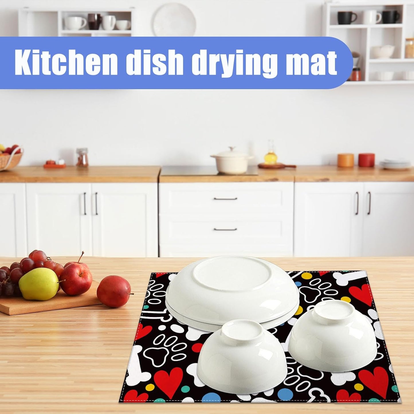 Dog Paw Bone Dish Drying Mat for Kitchen Counter Drying Pad Absorbent Reversible Dish Drainer Rack Mats Draining Pad 18"x24"Inch