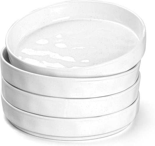 E-far Pasta Bowls Set of 4, 30oz Shallow Salad Bowls for Dinner Serving, 8.25" Stoneware Ceramic Bowl Plates for Noodle Soup, Microwave & Dishwasher Safe, Glossy Porcelain, Speckled White