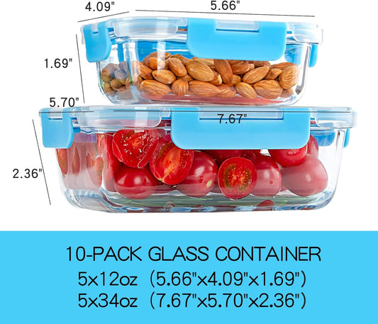 UMEIED 10 Pack Glass Food Storage Containers with Lids Leakproof, Airtight Glass Meal Prep Containers For Lunch, On The Go, Leftover, Dishwasher Safe