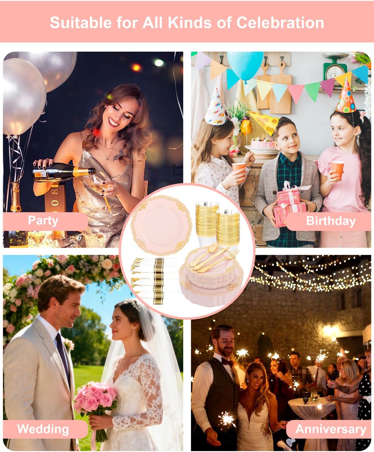 Ciaell 350 PCS Pink Plastic Plates - Pink and Gold Disposable Plates Include 50 Disposable Plate, 150 Heavy Duty Silverware, 50 Cups, 50 Napkins for Wedding & Party & Anniversary