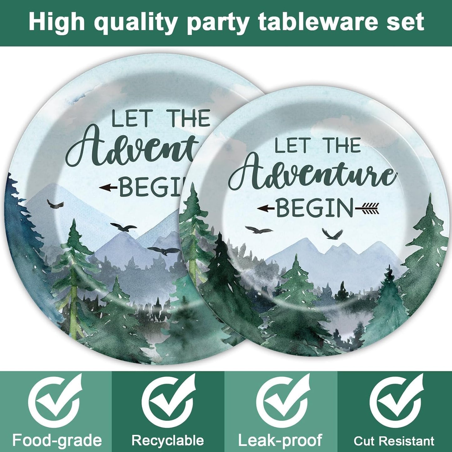 ZOIIWA 200 PCS Adventure Awaits Tableware Disposable Let The Adventure Begin Party Supplies Dinnerware Set Baby Shower Plates Napkins Birthday Party Decoration Serve 50 guest