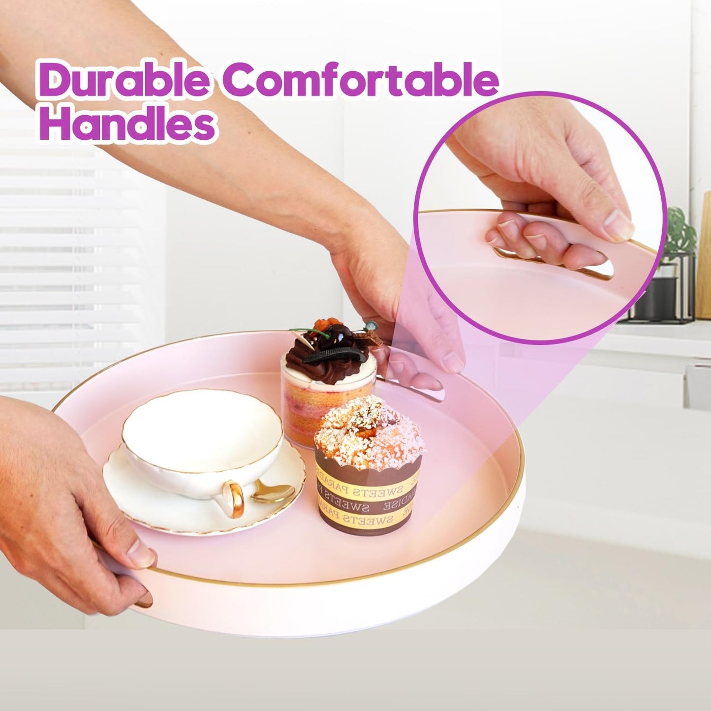 Gifturbo Matte Pink Decorative Serving Tray,Round Serving Trays with Handles, Coffee Table Tray Ottoman Round Plastic Trays for Living Room, Bathroom