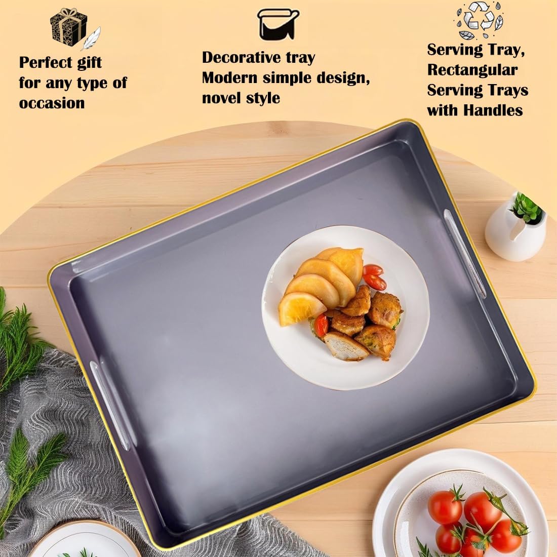 Large Grey Coffee Table Tray, Decorative Serving Tray with Handles, Plastic Rectangular Tray for Ottoman, Bathroom, Living Room. 16.7"*12"*1.6"