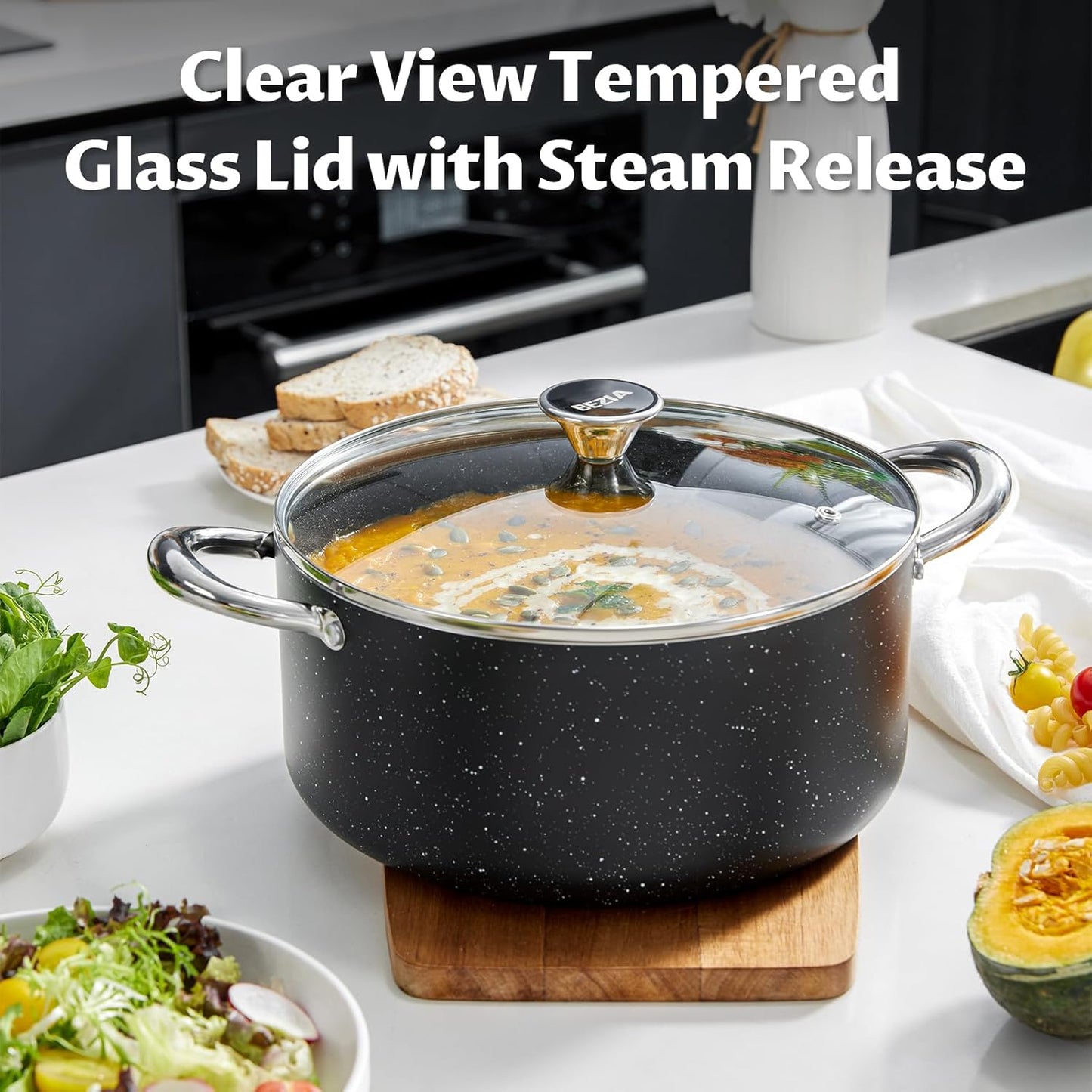 BEZIA Large 10 Quart Nonstick Stock Pot with Lid, Induction Cooking Pot Soup Pot, Non-toxic and Oven Safe, Perfect for Stews, Soups and All Stovetops, PFOA PFAS Free