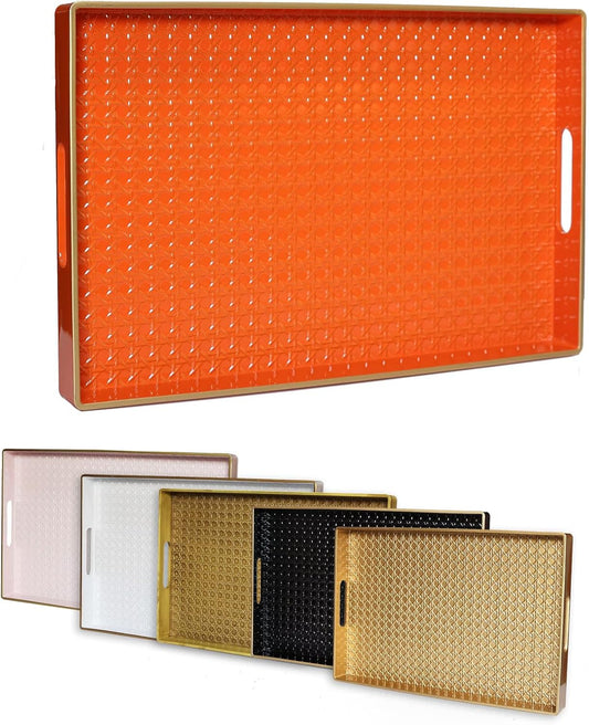 Orange Decorative Coffee Table Tray, Rectangular Plastic Serving Tray with Handles for Living Room, Ottoman, Bathroom, 15.7"*10.2"