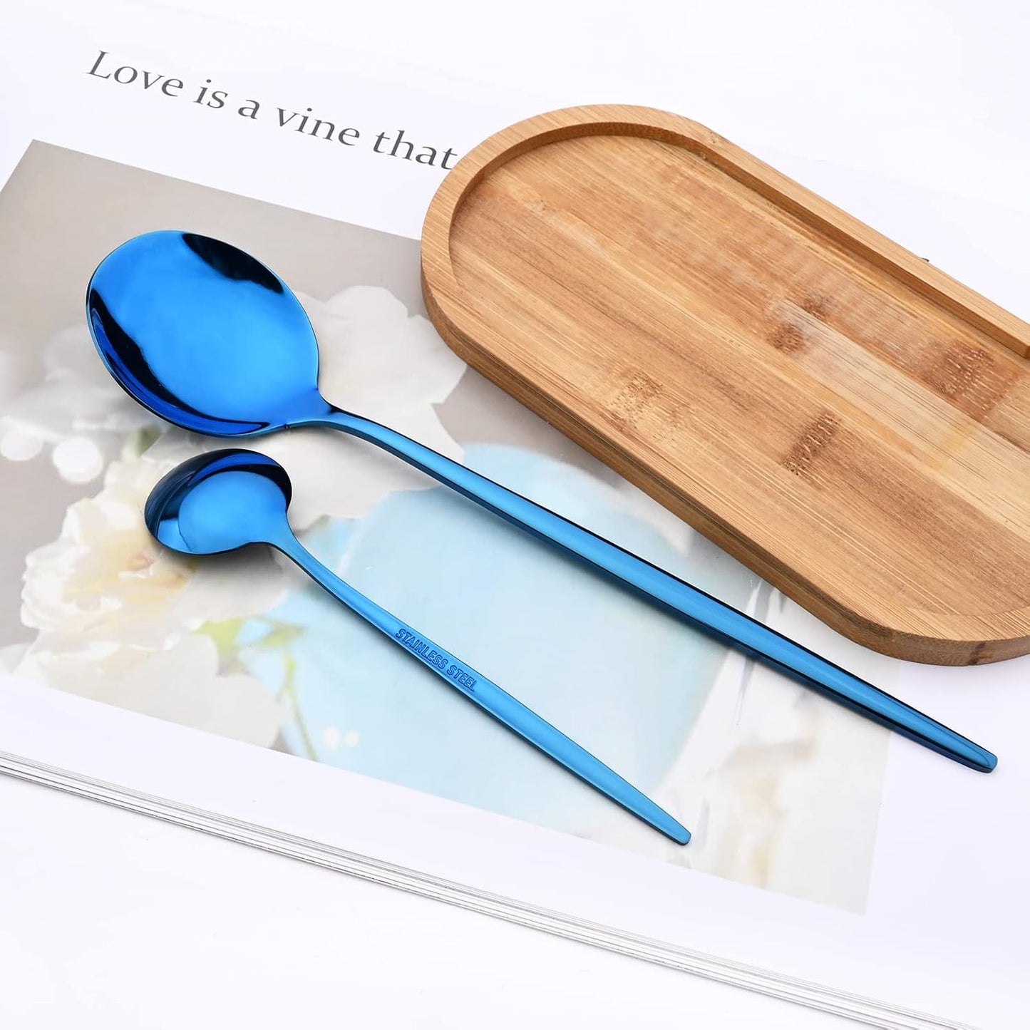 24-Piece Mirror Blue Polished Flatware, 18/0 Stainless Steel Dinnerware Set Include Knife Fork Spoon Teaspoon Cutlery Set For Home Restaurant and Party Service For 6, Dishwasher Safe