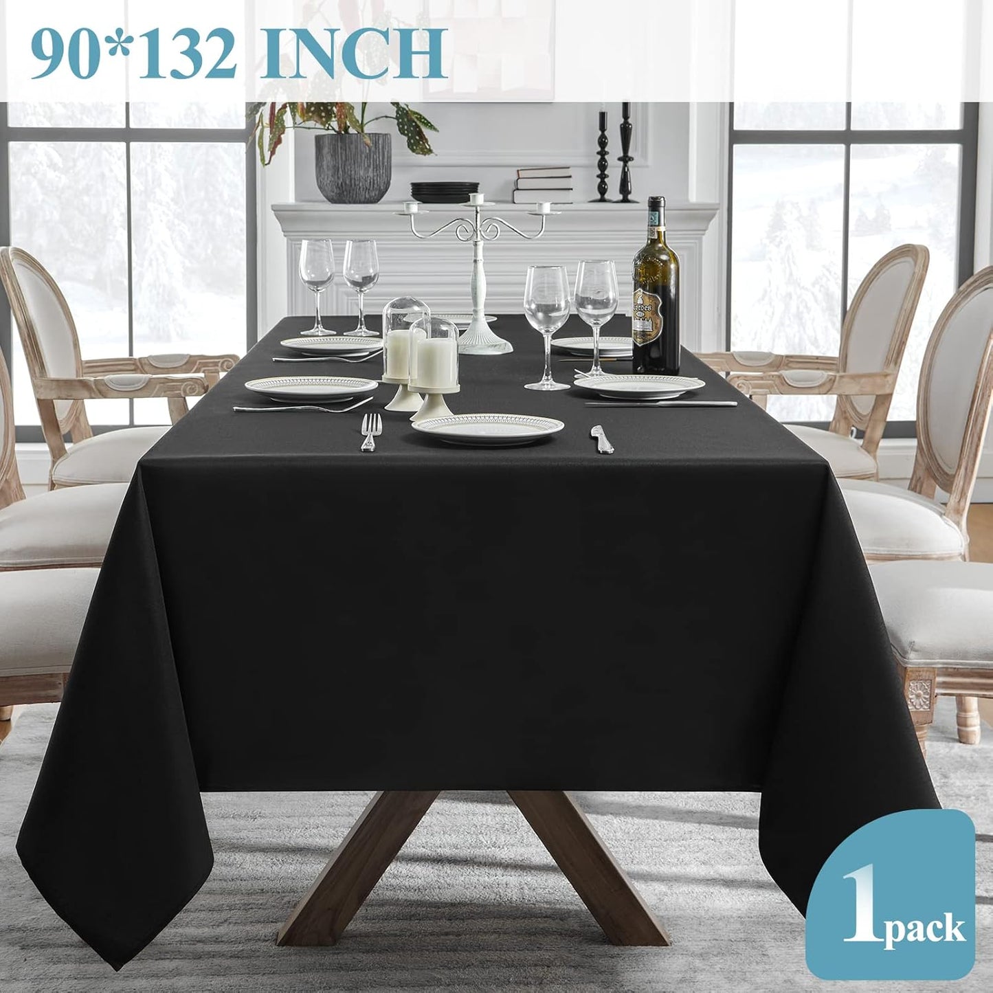 VidaFete Tablecloth 90 * 132inch Rectangle Table Cloth Polyester, Stain Wrinkle Resistant Polyester Dining Table Cover for Kitchen Dinning Party Wedding Rectangular Tabletop Buffet Decoration(Black)