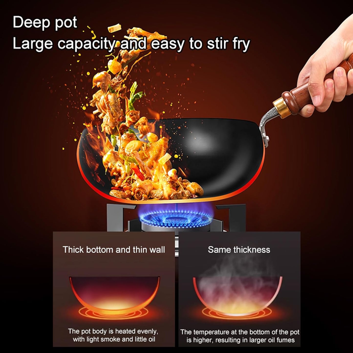 Carbon Steel Wok Pan, 10.2" Woks & Stir-Fry Pans with Glass Lid Cookwares, Nonstick Wok Flat Bottom Small Handmade Chinese Wok For for All Stoves